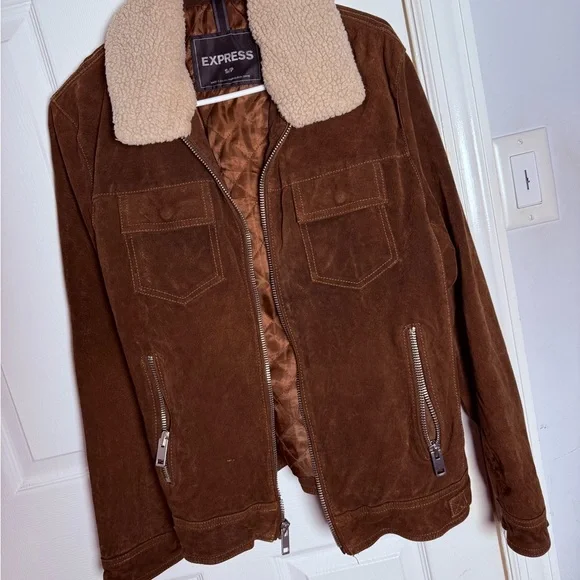 Express Men's Chocolate Brown Suede Bomber with Cream Collar - Picture 3 of 8